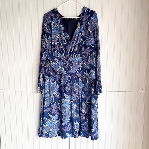 Lauren Ralph Lauren Size 14 Women's Blue Floral Jersey Long-Sleeve Dress NEW! - Picture 2 of 6